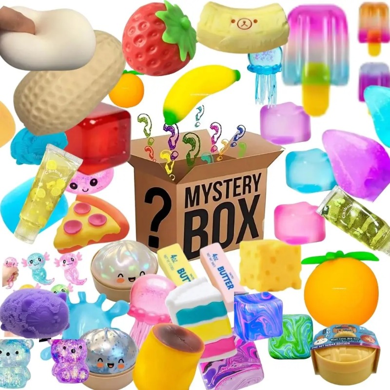 Mystery Box Blind Bag - 200個以上のサプライズボックスおもちゃ、ノベルティストレス解消アソートスクイッシーフィギュア、ブラインドボックス、楽しいミステリーフィジェット、ストレス解消サプライズ